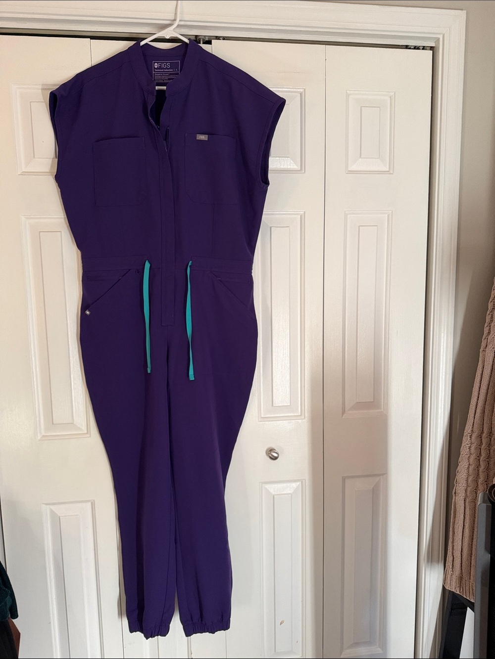 FIGS Purple Zip-Front Sleeveless Jumpsuit with Teal Drawcords
